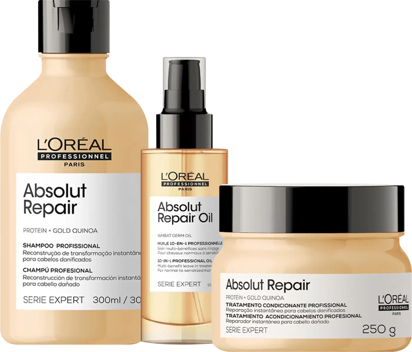 A imagem mostra 3 produtos da linha Absolut Repair da L'Oréal. O primeiro é um shampoo em uma embalagem plástica bege de 300ml. O segundo é um óleo em um frasco plástico bege com aplicador spray. O terceiro é um máscara em um pote plástico bege de 250g.