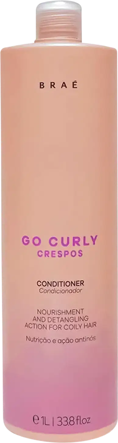 Condicionador Go Curly Crespos da marca Braé. Embalagem plástica cilíndrica na cor rosa claro.