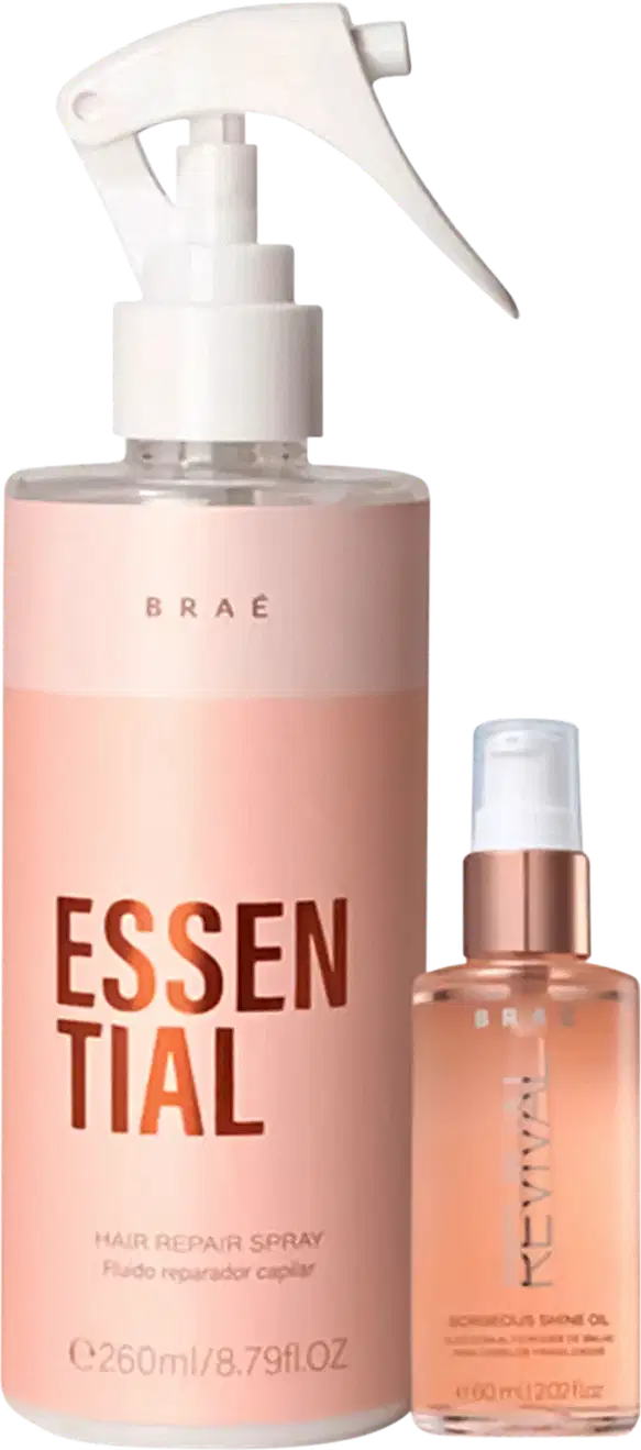 Este é um conjunto de dois produtos para o cabelo da Braé Hair Care. Inclui um spray de reparação capilar e um óleo de brilho para cabelos danificados.