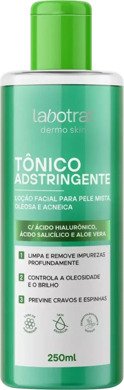 O produto apresentado é um Tônico Adstringente da marca Labotrat. A embalagem é um frasco plástico verde com tampa verde, contendo 250ml do produto.