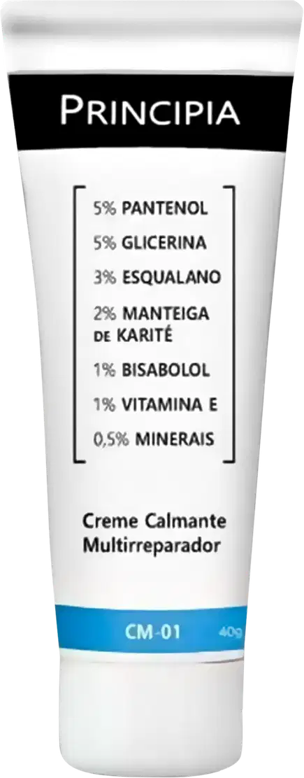 Tubo branco de creme multirreprador da marca Principia, com rótulo preto e azul listando os principais ingredientes como pantenol, glicerina e vitamina E.