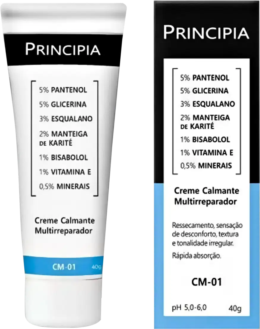 Um tudo de creme multirreparador branco e preto, e uma caixa preta com informações sobre os ingredientes e benefícios do produto.