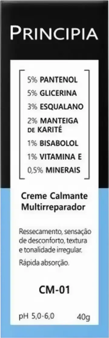 Creme Calmante Multireparador da marca Principia, em embalagem preta com detalhes em azul, contendo informações sobre os ingredientes e propriedades do produto.