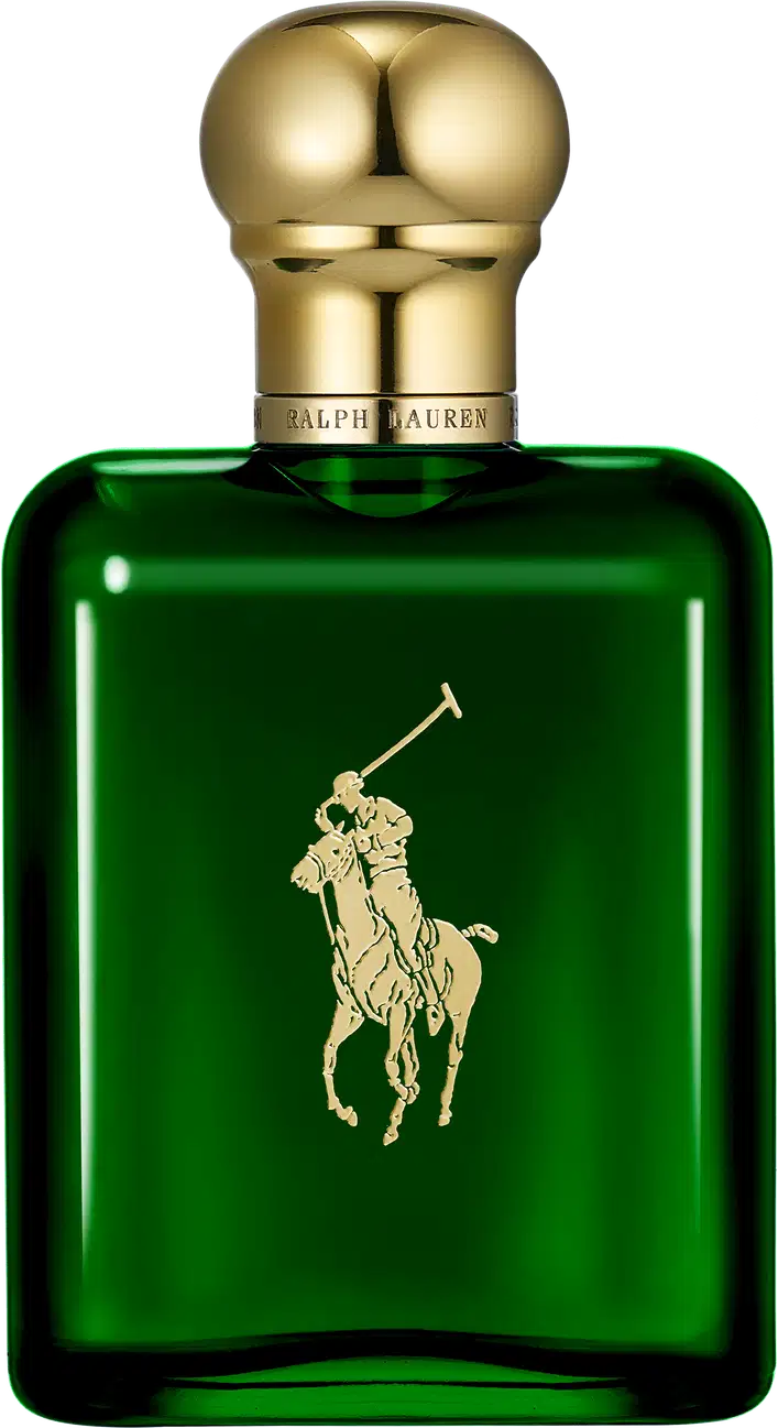 A imagem mostra um frasco de perfume verde, com tampa dourada e a logo da marca no frasco também em dourado.