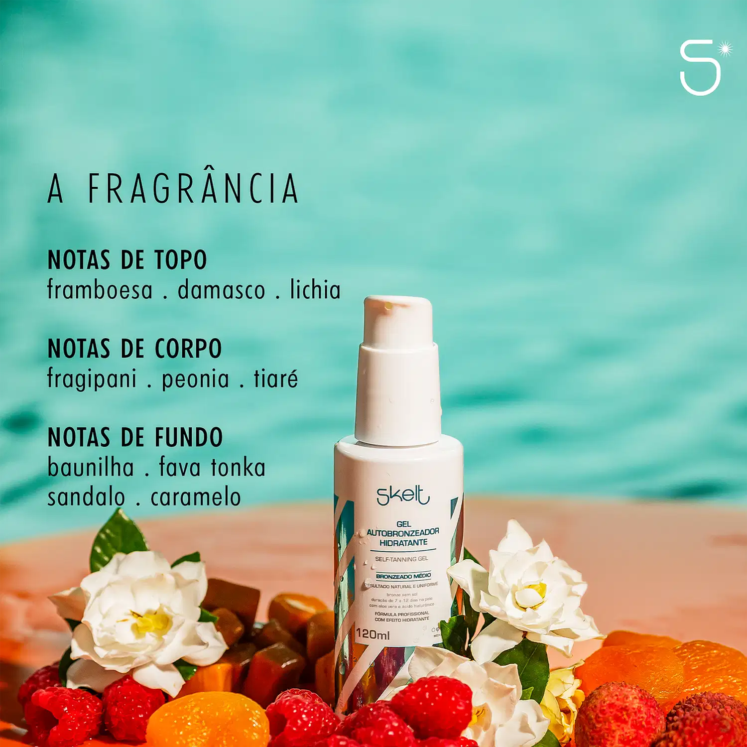 Gel Autobronzeador Skelt Bronze & Glow. Ressalta que a fragrância apresenta que as notas de topo Framboesa, Damasco e Lichia. Notas de Corpo: Fragipani, Peonia, Tiaré. Notas de Fundo: Baunilha, Fava Tonka, Sândalo e Camarelo.