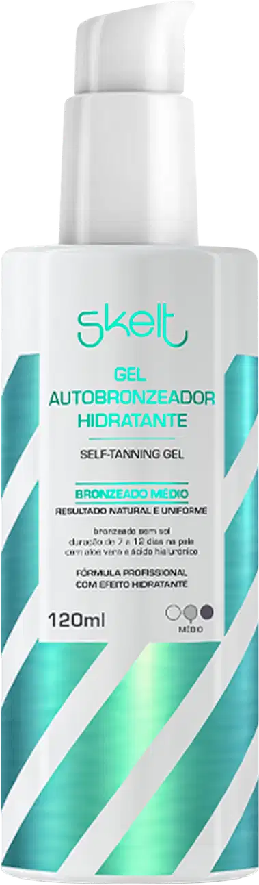 Gel Autobronzeador Skelt Bronze & Glow. Possui frasco cilíndrico, com tons de branco e azul metálico.