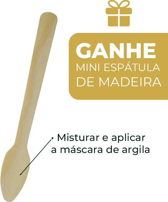 A imagem mostra uma pequena espátula utilizada para misturar e aplicar máscaras de argila. Ao lado há uma ilustração com o texto escrito Ganhe mini espátula de madeira e as instruções Misturar e aplicar a máscara de argila.