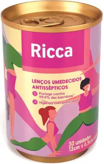 Lata com lenços umedecidos antissépticos, da marca Ricca.