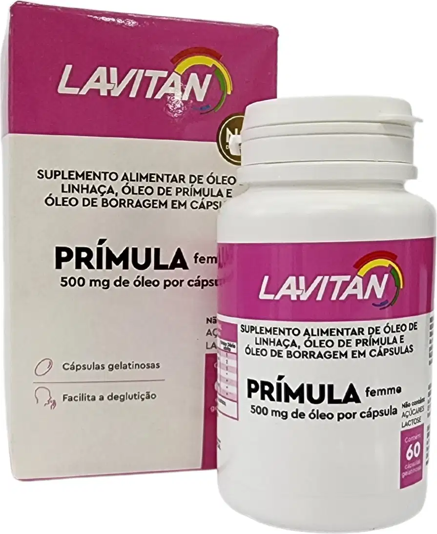 Cimed Lavitan Suplemento Alimentar Prímula Femme 500mg de Óleo por cápsula - 60 Cápsulas Gelatinosas e caixa ao lado