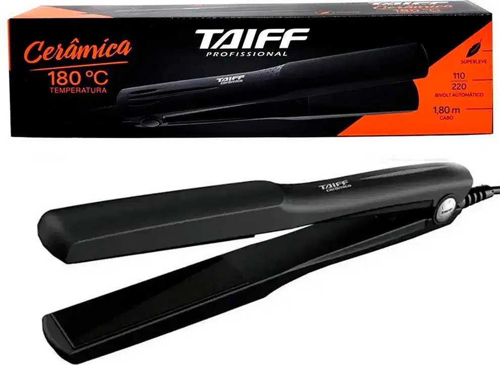 Prancha de cabelo Taiff, com temperatura de 180°C. A embalagem é preta e laranja, com o nome da marca "Taiff Professional" destacado. O produto possui controle de temperatura automático, indicado pelos números "110" e "220" na embalagem.