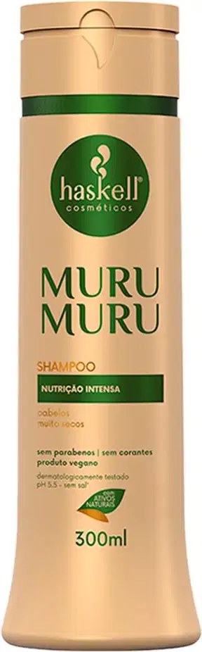 Shampoo Haskell, chamado "MuruMuru". A embalagem é um frasco dourado com um rótulo verde, contendo 300ml do produto. O rótulo apresenta informações sobre a composição do shampoo, destacando que é "sem parabenos, sem corantes" e "produto vegano".