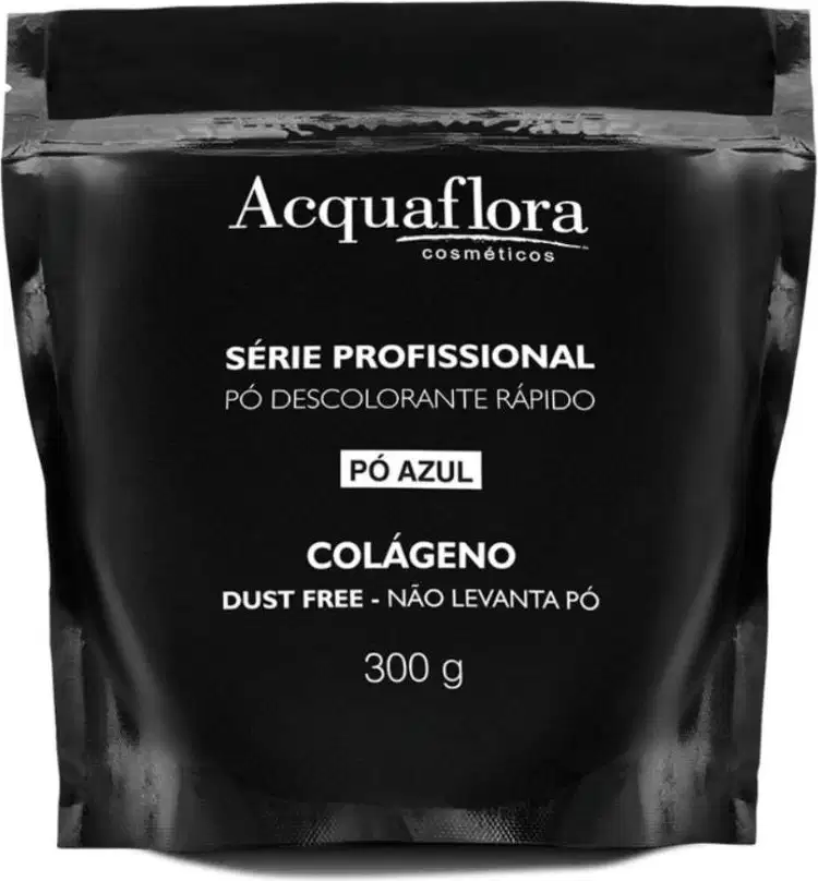 Embalagem preta de 300g do pó descolorante rápido da série profissional da Acquaflora, com rótulo destacando o produto como "Pó Azul" e mencionando que é à base de colágeno, sem levantar pó.