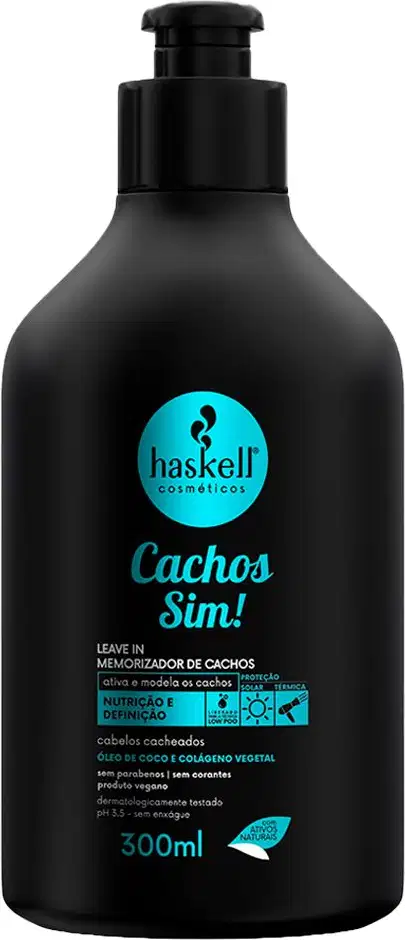 Leave-in memorializador de cachos Haskell Cosméticos, com o nome "Cachos Sim!"