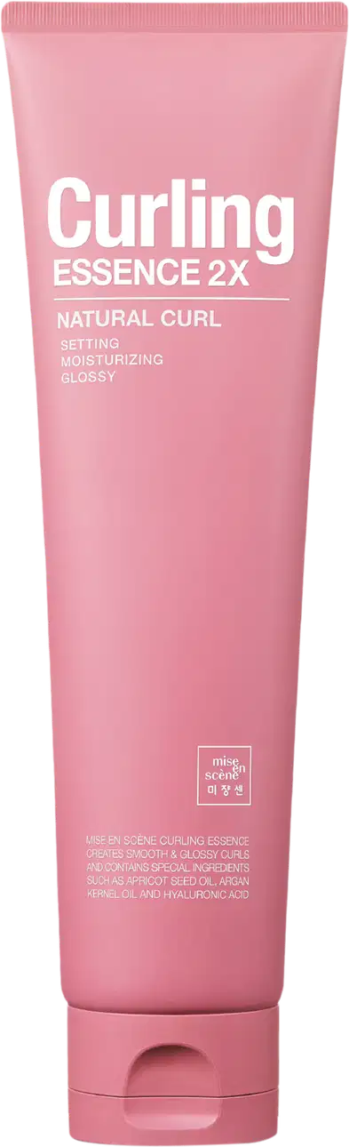 Tubo rosa com rótulo "Curling Essence 2X" da marca Mise en Scène, contendo um produto para cabelos cacheados com propriedades de fixação, hidratação e brilho.