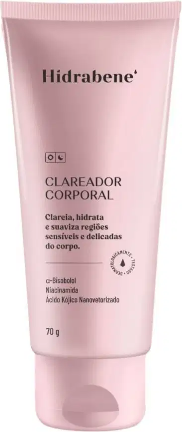 Creme corporal Hidrabene. A embalagem é um tubo rosa com o nome da marca e do produto "Clareador Corporal" impresso. O rótulo tem informações sobre os ingredientes e benefícios, como clarear, hidratar e suavizar regiões sensíveis e delicadas do corpo.
