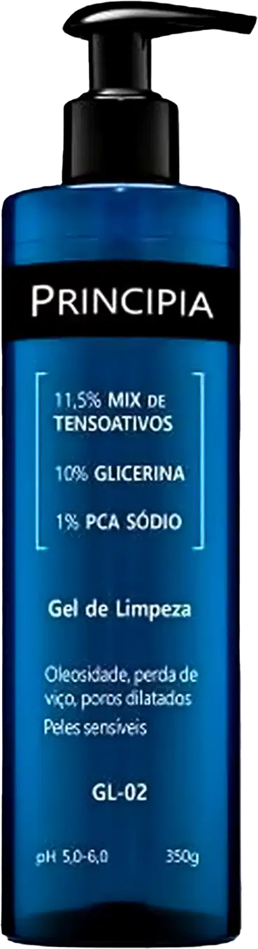 Frasco de gel de limpeza da marca Principia, com bomba dosadora preta. Embalagem azul com rótulo destacando a composição do produto.