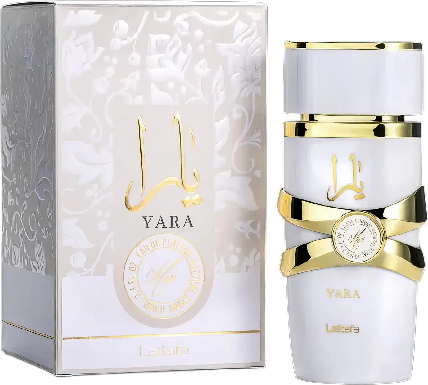 Caixa e frasco de item de perfumaria da marca Lattafa , em cores branca e dourada. A caixa possui padrão decorativo em relevo e o frasco tem formato cilíndrico com rótulo dourado.