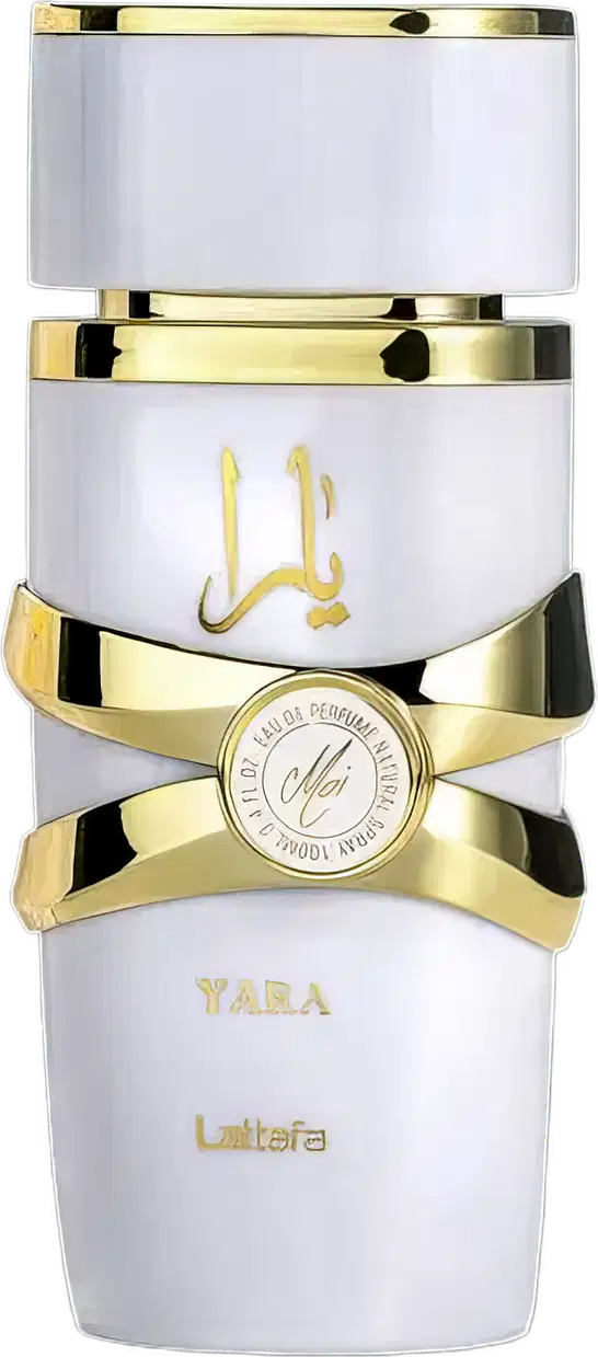 Frasco de perfume branco e dourado da marca Lattafa, com rótulo dourado exibindo o nome "Yara". O frasco possui uma tampa dourada e uma faixa dourada em torno da embalagem.