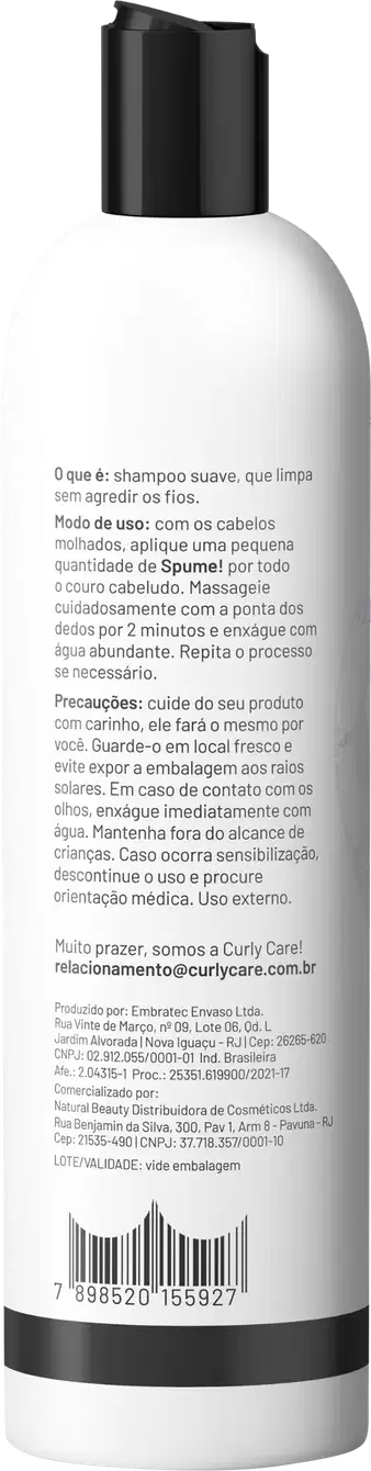 Shampoo suave em embalagem plástica branca e preta. A embalagem é um frasco cilíndrico com tampa preta. O rótulo em português fornece instruções de uso e informações do produto.