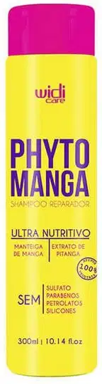 Frasco de shampoo reparador Phyto Manga da marca Widi Care, com embalagem amarela e rosa, contendo 300ml do produto. O rótulo destaca os ingredientes nutritivos como manteiga de manga e extrato de pitanga.