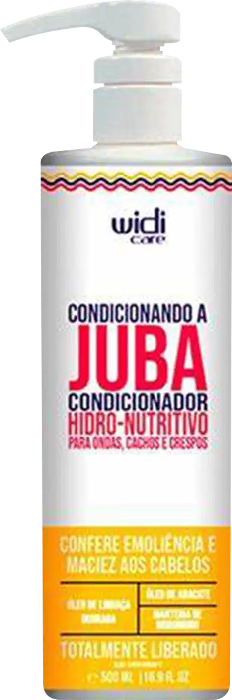 Para cabelos, cacheados e crespos. Embalagem plástica branca com bomba dosadora. Rótulo com texto em letras vermelhas grandes e detalhes em amarelo. Listras onduladas coloridas na parte superior. Tamanho de 500ml indicado na embalagem.