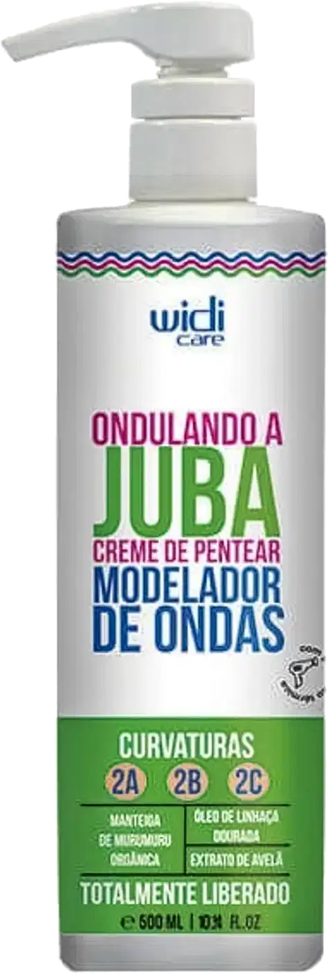 Creme de pentear modelador de ondas. Embalagem plástica branca com bomba dosadora. Rótulo com texto em português destacando as curvaturas 2A, 2B e 2C para as quais é indicado. Cores predominantes são branco, verde, roxo e azul.