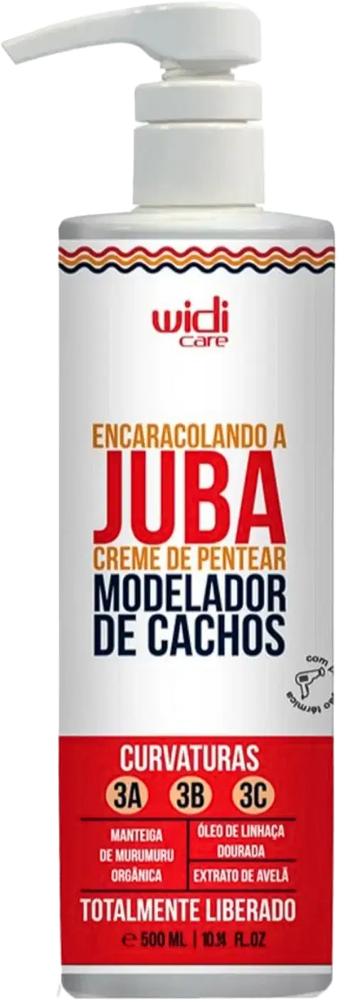 A embalagem é um frasco plástico branco com uma bomba dosadora. O rótulo frontal tem o nome do produto "Encaracolando a Juba" em letras vermelhas e pretas, além de detalhes sobre suas propriedades para definir cabelos 3A, 3B e 3C.