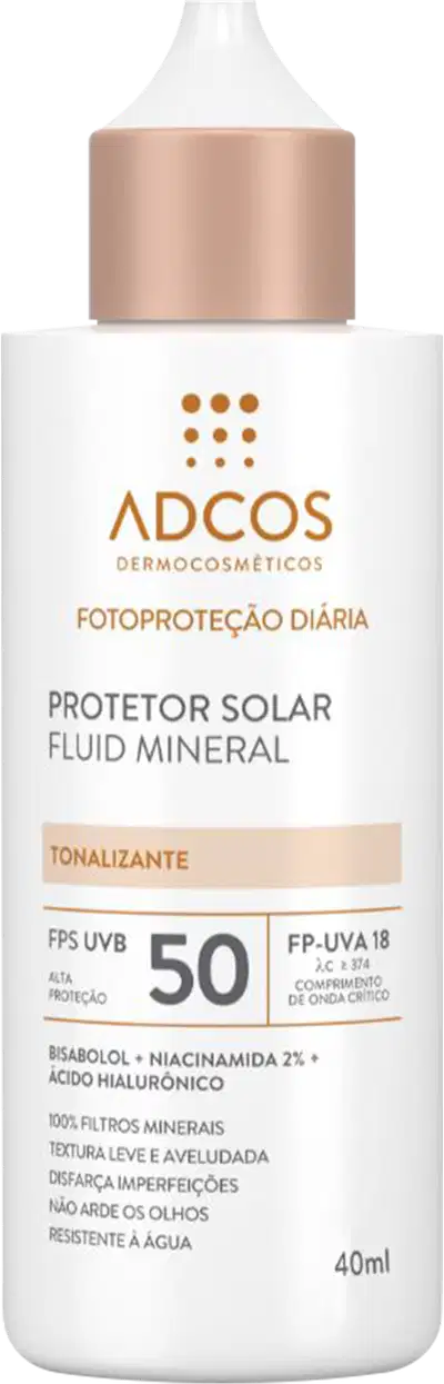 Protetor solar fluido Adcos, embalagem plástica branca de 40ml. No rótulo: Fotoproteção Diária Protetor Solar Fluid Mineral Tonalizante", fator de proteção FPS UVB 50 e FP-UVA. Texto indicando textura leve, não arde os olhos e é resistente à água.