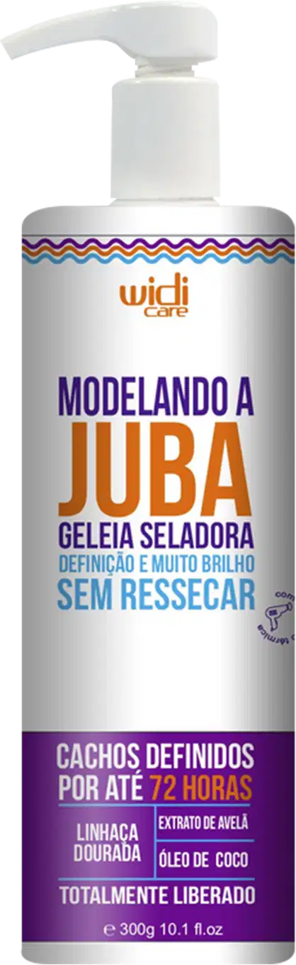 Embalagem plástica branca com bomba dosadora. Rótulo em tons de roxo, laranja e azul. "Geleia Seladora Definição e Muito Brilho Sem Ressecar". Cachos definidos por até 72 horas, linhança dourada e extrato de avelã.