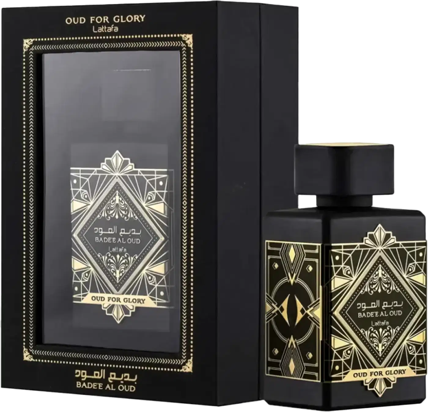 Caixa e frasco de item de perfumaria preto e dourado com design geométrico e texto em árabe e inglês "Oud for Glory" e "Badee al oud". O frasco possui um design elegante com detalhes decorativos em dourado. A caixa tem um padrão gráfico preto e dourado.