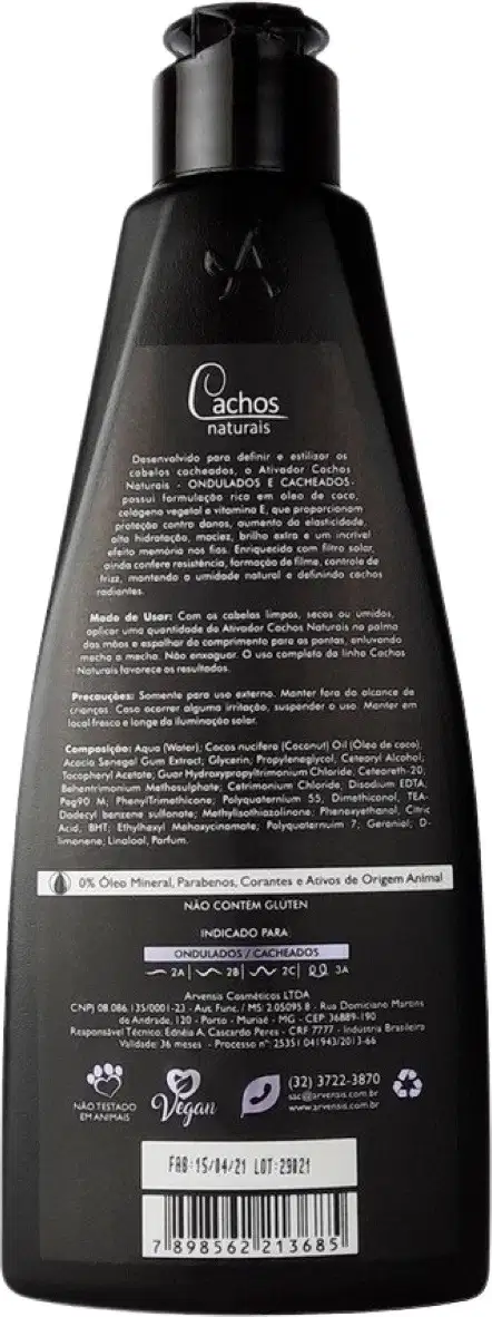 Ativador de cachos Cachos Naturais Ondulados e Cacheados de Arvensis. Volumetria 300ml