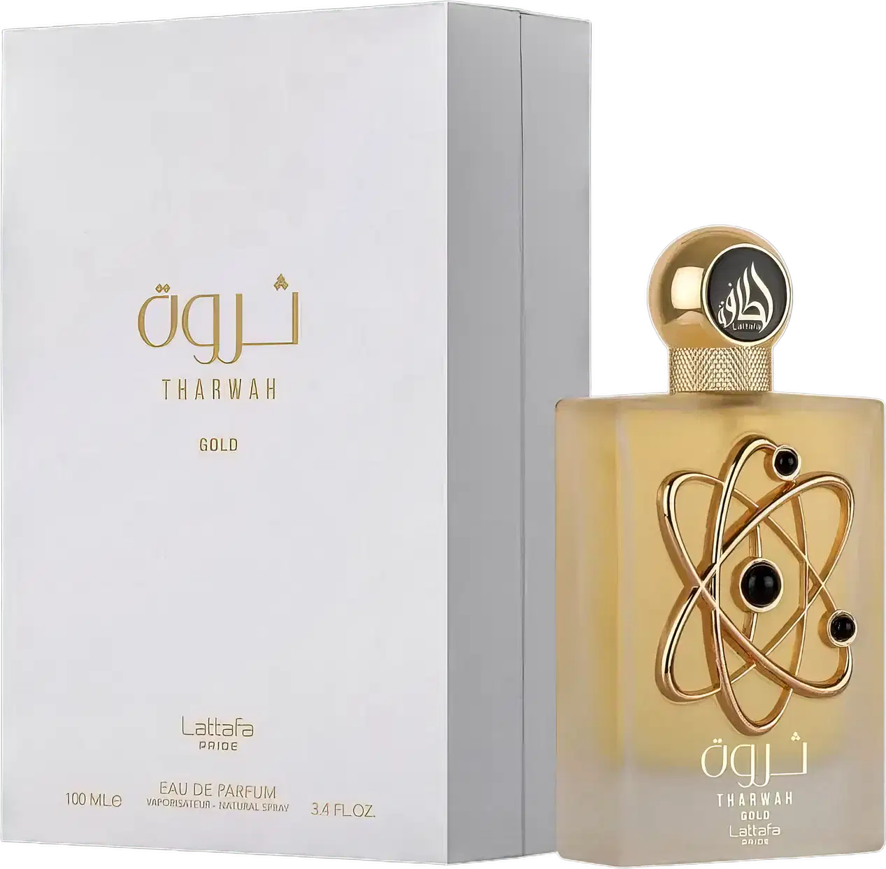 Caixa branca com texto dourado "Tharwah Gold" e frasco de perfumaria dourado com design geométrico. O frasco possui tampa dourada e o rótulo exibe o nome da marca "Tharwah" em árabe e em inglês.