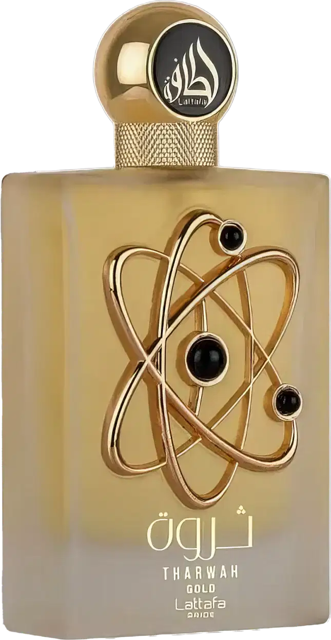 Frasco de perfume dourado da marca Lattafa, com design moderno e detalhes em preto. O rótulo apresenta o nome "Tharwah Gold" em árabe e em inglês, além de um símbolo atômico estilizado.