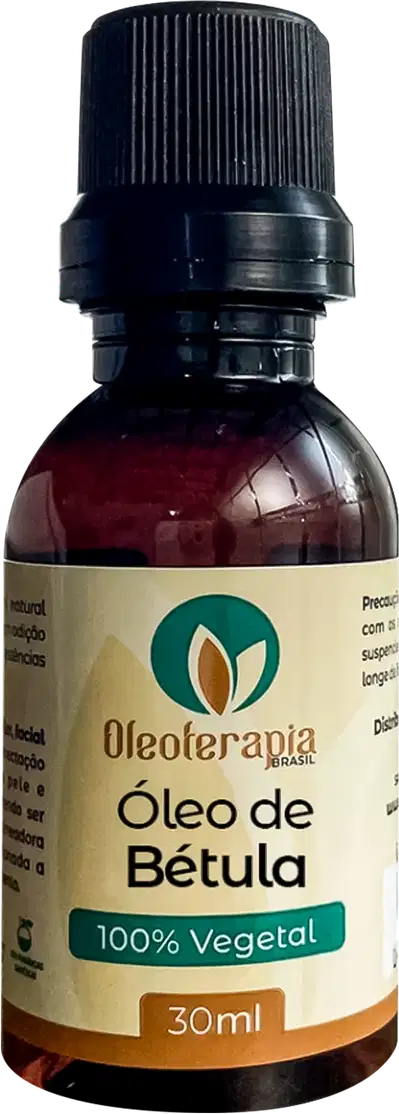 O produto apresentado é um frasco de Óleo de Bétula da marca Oleoterapia Brasil, um produto 100% vegetal com 30ml de volume.