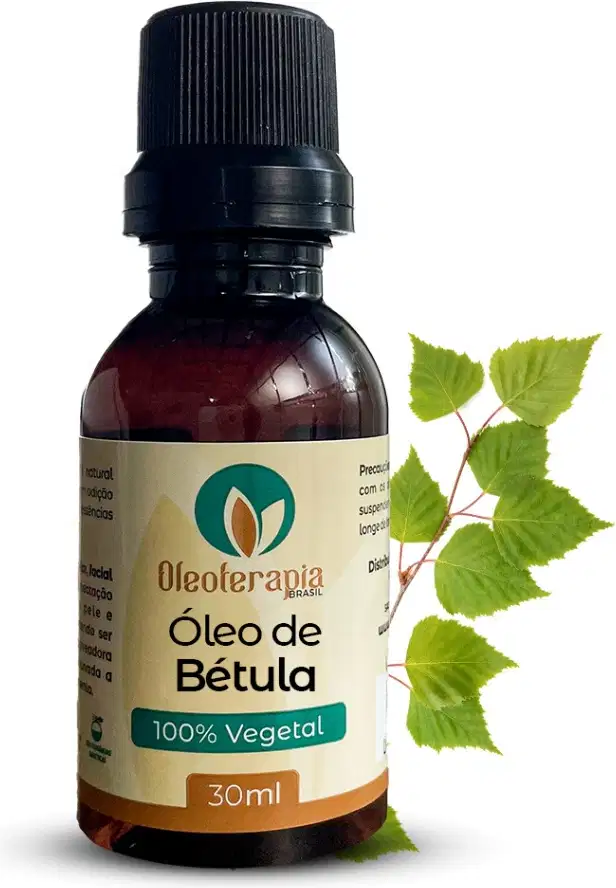 O produto apresentado é um frasco de óleo de Bétula da marca Oleoterapia Brasil. Ao lado do frasco, há folhas verdes que parecem ser de uma planta da mesma família da Bétula.