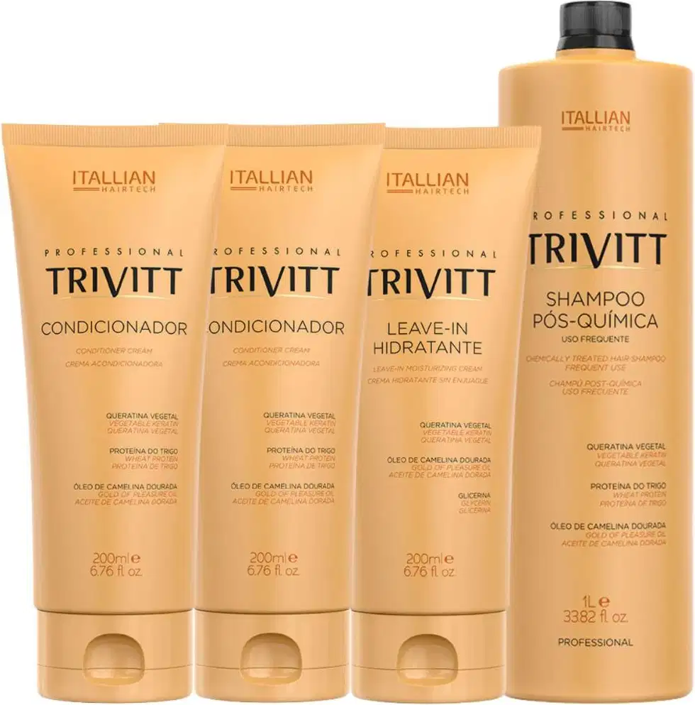 Um shampoo pós-química, dois condicionadores e um leave-in hidratante.