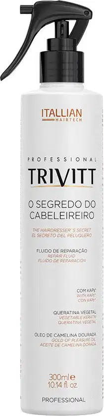 A embalagem destaca o nome do produto e sua função de "O segredo do cabeleireiro". Possui um borrifador preto na parte superior. É descrito como um fluido de reparação para cabelos, com ingredientes como queratina vegetal e óleo de camelia.