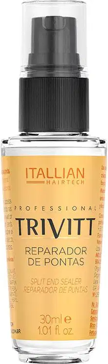 Reparador de pontas da marca Itallian Hairtech. Frasco de vidro transparente com um aplicador pulverizador preto. Possui 30ml.