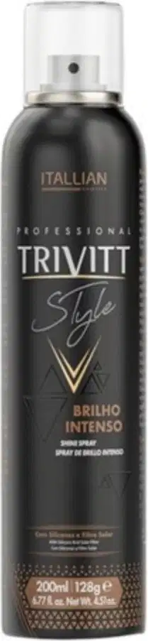 Spray de brilho intenso da linha Trivitt Style da marca Itallian Hairtech. A embalagem com um rótulo em preto e dourado, indicando o nome do produto "Trivitt Style" e a descrição "Brilho Intenso". O frasco possui um bico pulverizador na parte superior.