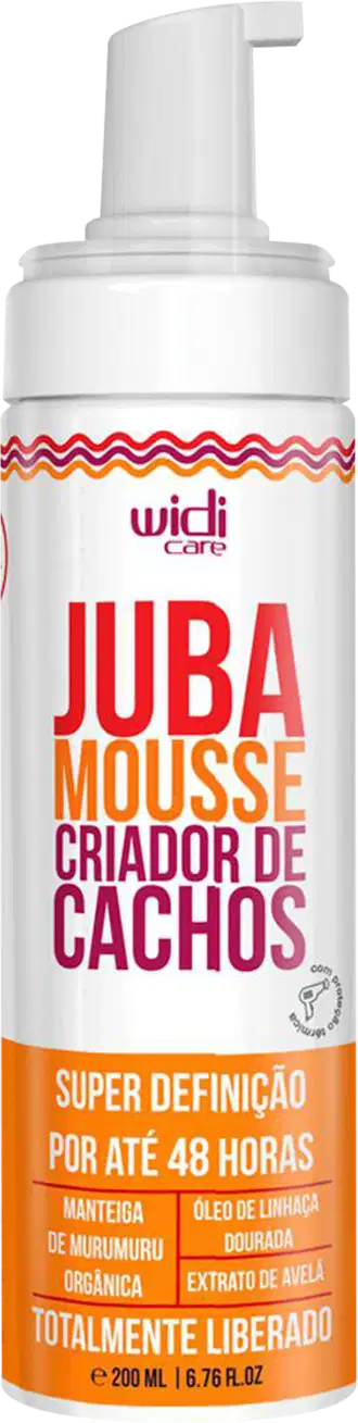 Embalagem plástica branca com bomba doseadora. Rótulo vermelho, laranja e roxo com texto em português descrevendo o produto como "Super Definição por até 48 horas" e listando ingredientes como manteiga de murumuru, óleo de linhaça dourada.