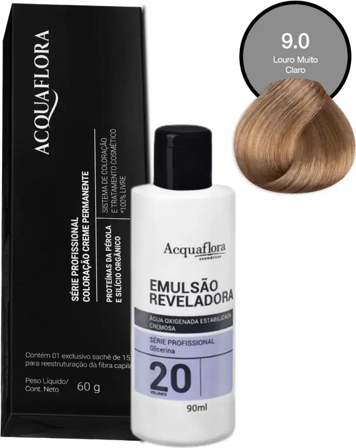 Coloração Acquaflora 9.0 Louro Muito Claro 60g + Água Oxigenada 20 Volumes 90ml