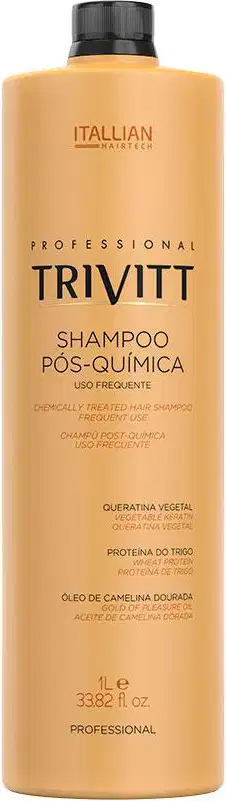 Shampoo pós-química da linha Trivitt. Embalagem plástica cilíndrica de cor bege com detalhes em preto. Rótulo com o nome do produto "Trivitt Shampoo Pós-Química" em letras grandes e pretas.