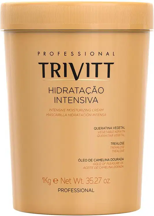 É um creme hidratante intensivo para cabelos da marca Trivitt Professional. O produto vem em uma embalagem plástica opaca na cor bege claro.