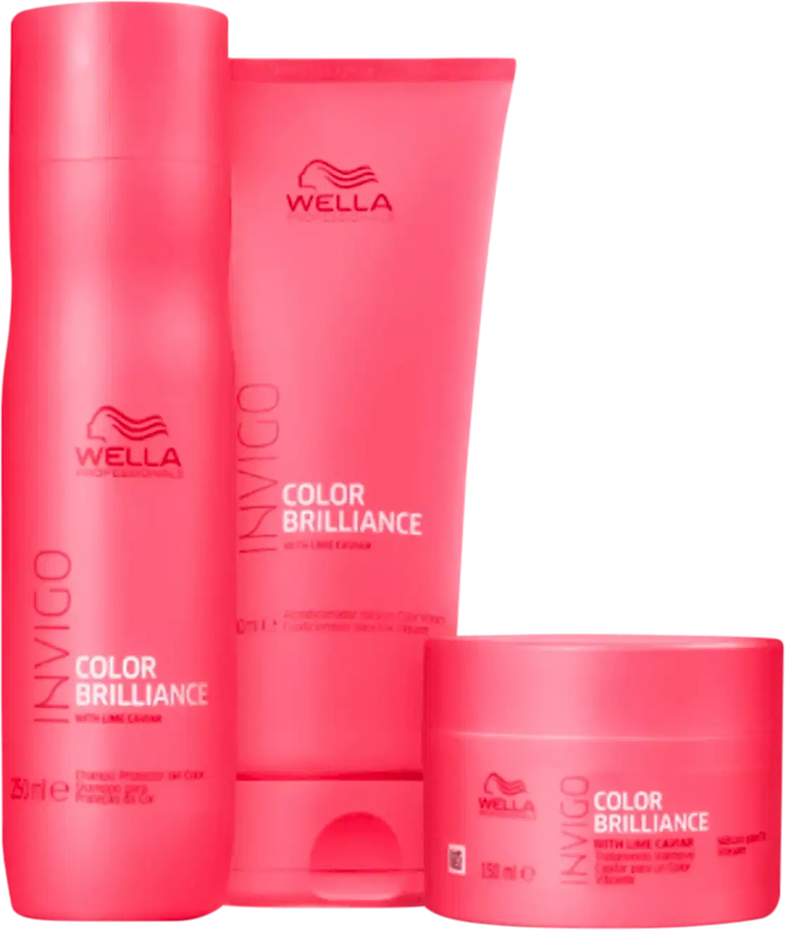 Três produtos de cuidados capilares da linha Color Brilliance da marca Wella Professionals. O primeiro é um shampoo. O segundo é um condicionador. O terceiro é uma máscara capilar. Todos em embalagens rosa vibrante.