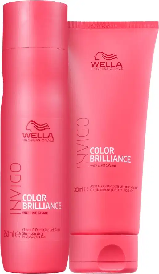 A imagem mostra um shampoo em embalagem cilíndrica rosa de 250ml e um condicionador em embalagem tubular rosa de 200ml. Ambos possuem o logotipo da Wella e a inscrição "Color Brilliance with Lime Caviar".