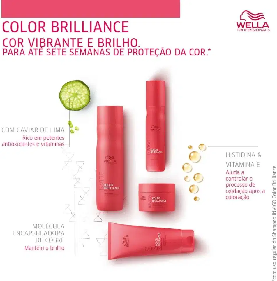 A imagem mostra quatro produtos da linha Invigo Color Brilliance espalhadas. Perto dos produtos estão mencionados alguns ingredientes principais da fórmula e seus benefícios.