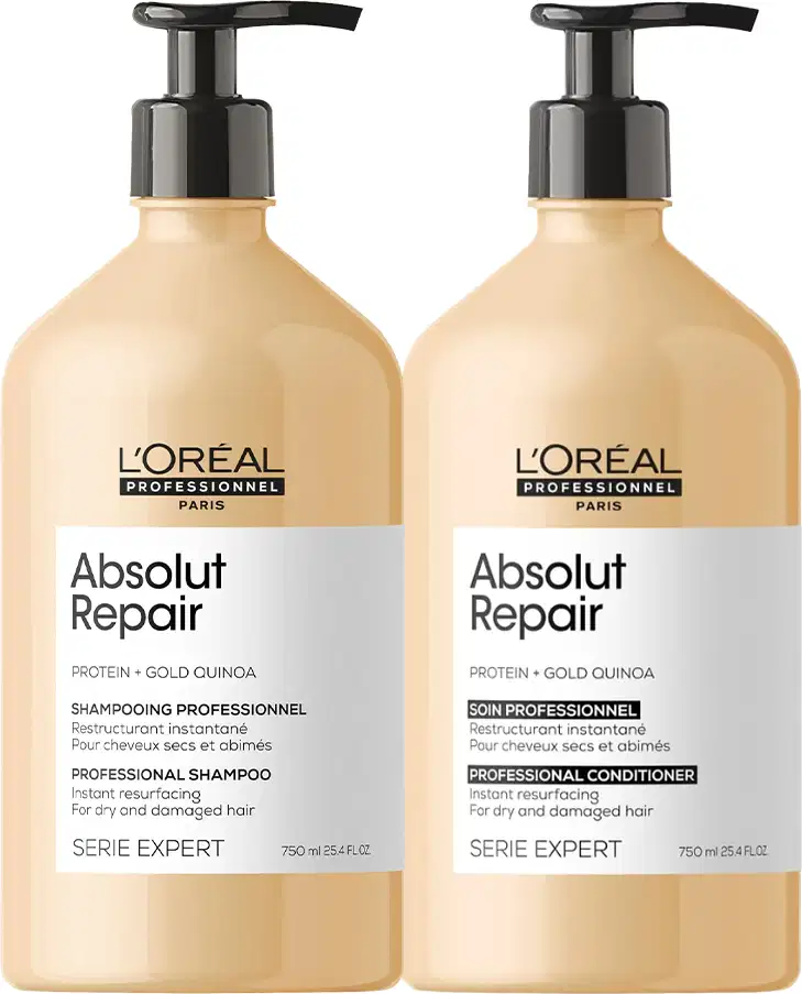A imagem mostra dois frascos de plástico de produtos para cabelos secos e danificados da linha Serie Expert da L'Oréal Professionnel. Os frascos têm formato cilíndrico e cor bege, com bombas dosadoras pretas no topo.