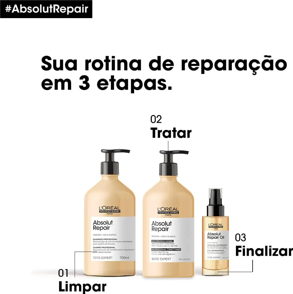 A imagem mostra produtos da linha Absolut Repair da L'Oréal Professionnel, indicados para uma rotina de reparação em três etapas. São apresentados dois frascos grandes de shampoo e condicionador. Também há um frasco menor de óleo reparador.