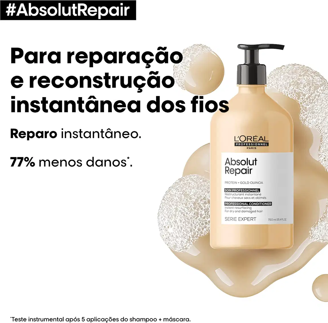 Produto de cuidado capilar da linha L'Oréal Professionnel Série Expert Absolut Repair. Embalagem de plástico em formato de frasco bomba. Rótulo com texto em português descrevendo o produto como "Para reparação e reconstrução instantânea dos fios".