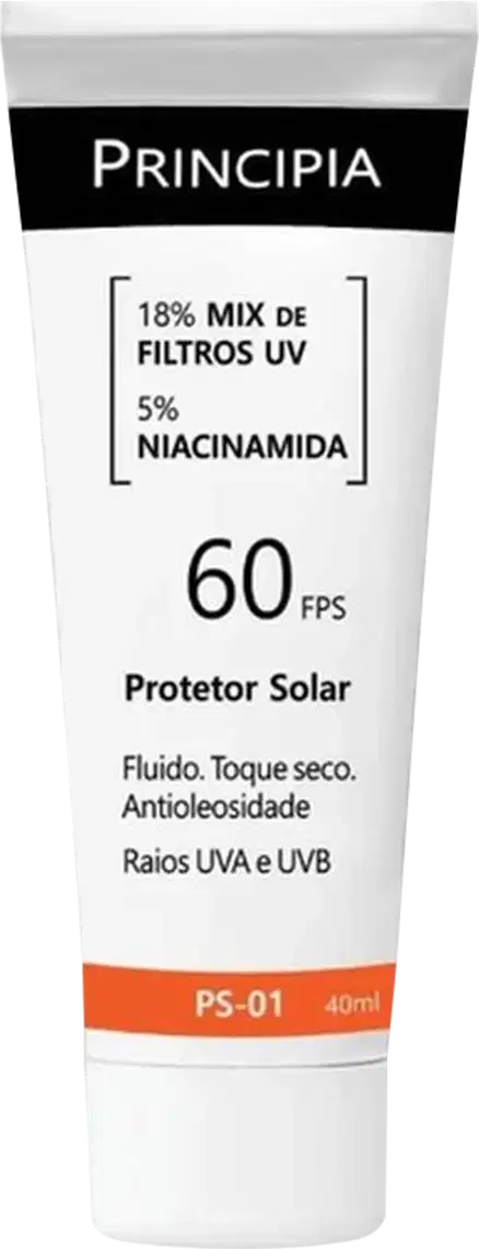 Tubo de protetor solar da marca Principia, com FPS 60, contendo 18% de filtros UV e 5% de niacinamida. O produto apresenta embalagem branca e preta.